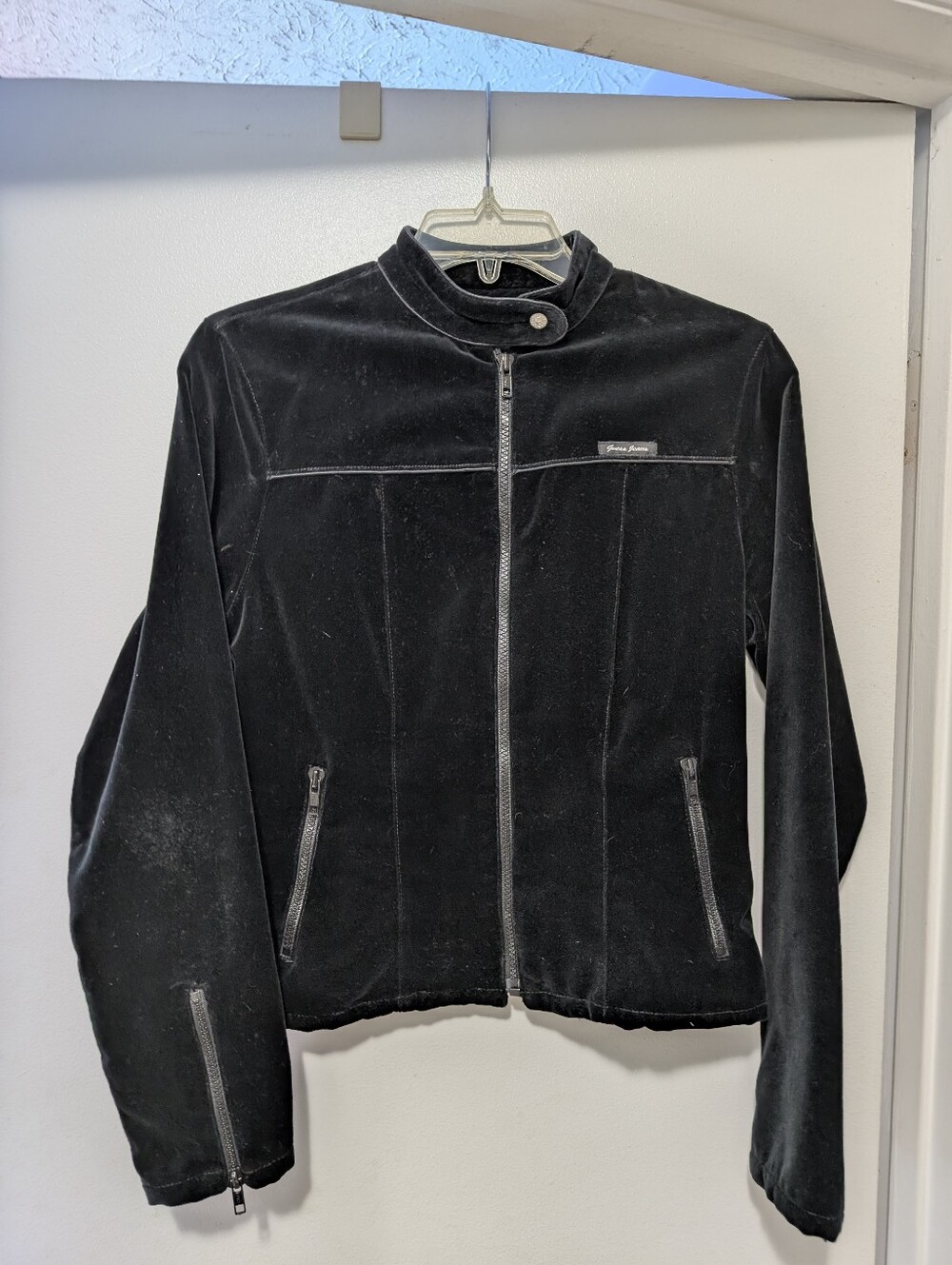 Guess Black Velvet Zip-Up Moto Jacket